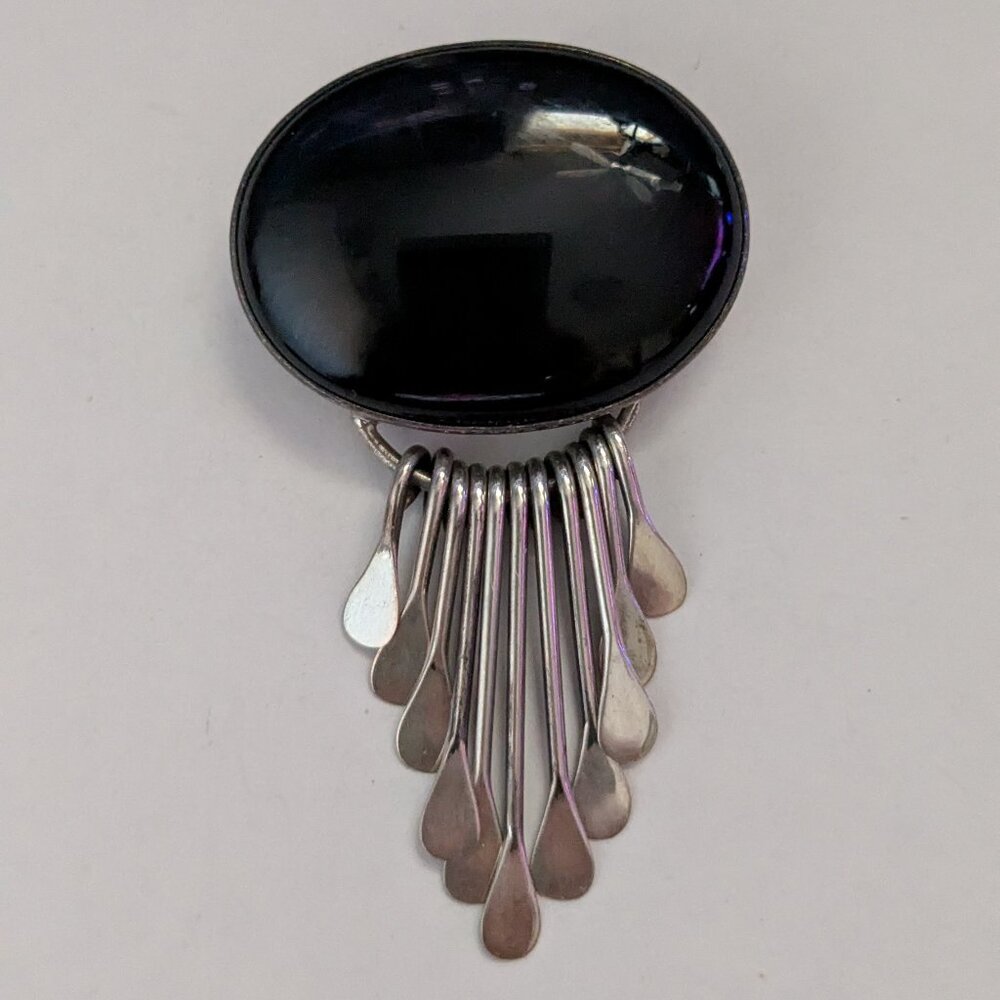 Vtg. AIS Mexico Onyx Cabochon Tassel 925 Sterling Silver Pin Brooch Pendant